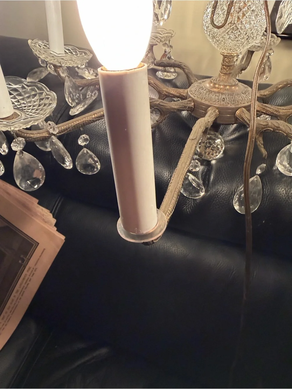 Antique Spanish Revival Brass 8 arm chandelier with leaded glass crystal prisms